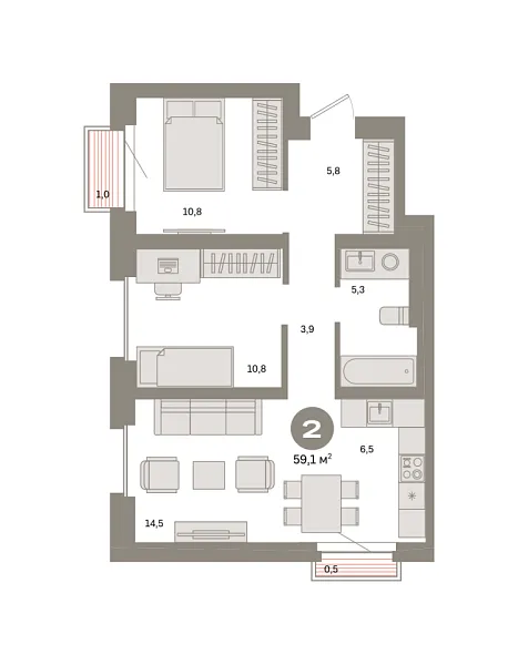Новая 2-к квартира
 59.1 м² на 27/31 этаже в ЖК «Квартал «Метроном»» в городе Тюмень 