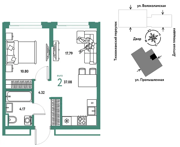 Новая 2-к квартира
 37.08 м² на 19/20 этаже в ЖК «Страна.Прибрежная» в городе Тюмень 