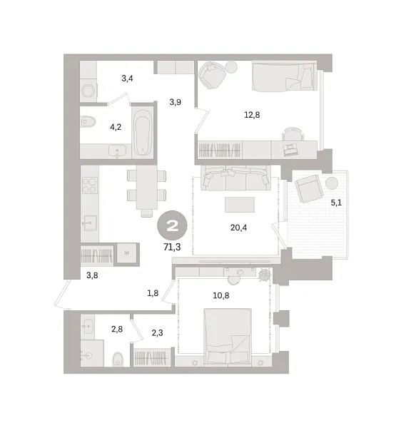 Новая 2-к квартира
 71.3 м² на 3/8 этаже в ЖК «Дом «А»» в городе Тюмень 
