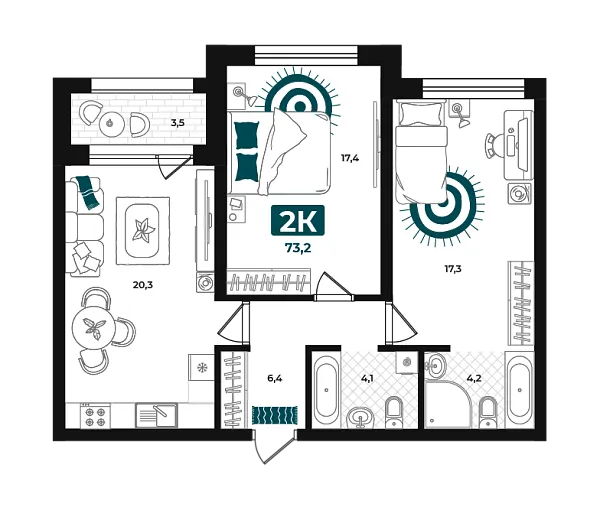 Новая 2-к квартира
 73.2 м² на 4/23 этаже в ЖК «Добро» в городе Тюмень 