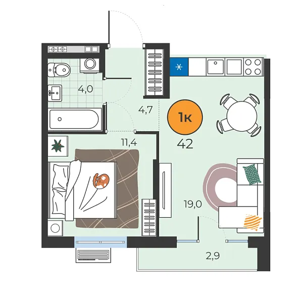 Новая 1-к квартира
 39.1 м² на 9/25 этаже в ЖК «Корней» в городе Тюмень 