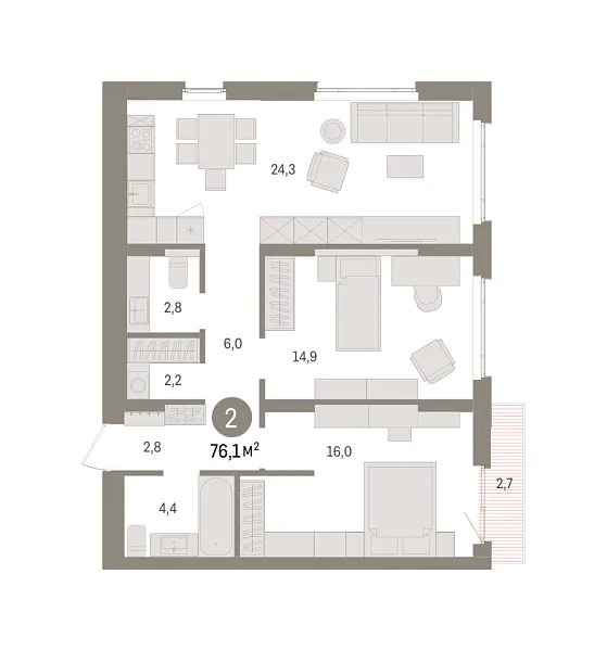 Новая 2-к квартира
 76.1 м² на 11/16 этаже в ЖК «Квартал «Траектория»» в городе Тюмень 