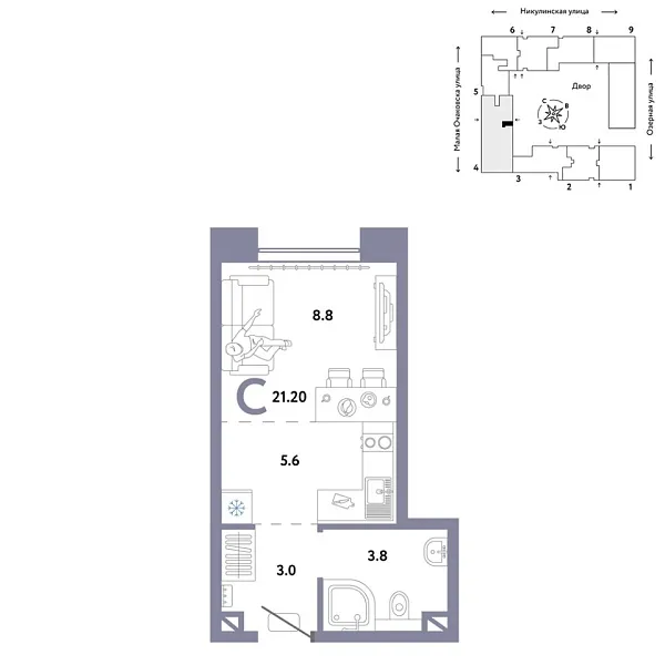 Новая квартира-студия
 21.2 м² на 3/30 этаже в ЖК «Страна.Озёрная» в городе Тюмень 