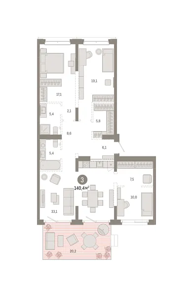 Новая 3-к квартира
 140.38 м² на 2/7 этаже в ЖК «Кварталы «На Минской»» в городе Тюмень 