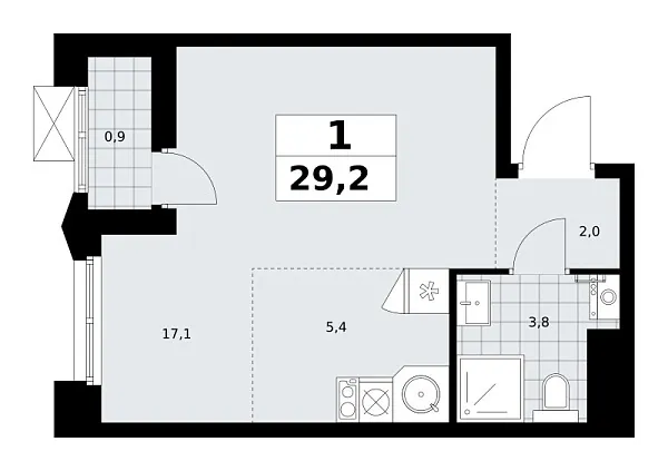 Новая 1-к квартира
 29.2 м² на 12/16 этаже в ЖК «Деснаречье» в городе Тюмень 