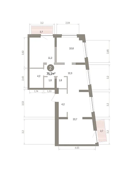 Количество комнат: 2,  75.2 кв.м.