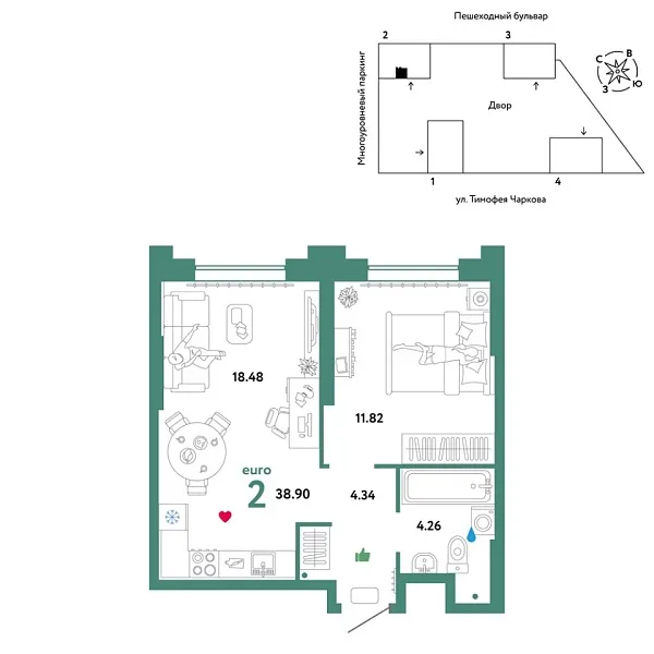 Новая 2-к квартира
 38.9 м² на 3/31 этаже в ЖК «Звёздный» в городе Тюмень 