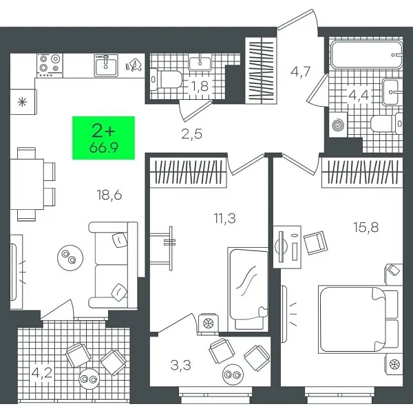 Новая 2-к квартира
 66.91 м² на 17/22 этаже в ЖК «Гранд Квартал» в городе Тюмень 
