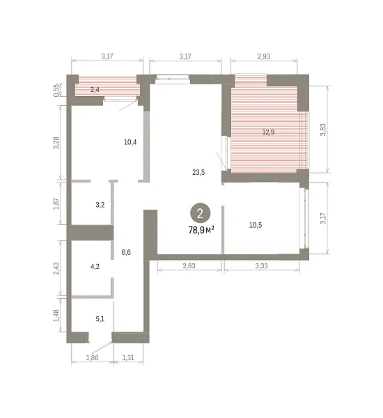 Количество комнат: 2,  78.89 кв.м.