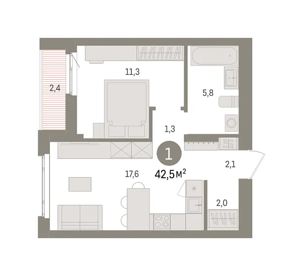 Новая 1-к квартира
 42.5 м² на 14/16 этаже в ЖК «Квартал «Траектория»» в городе Тюмень 