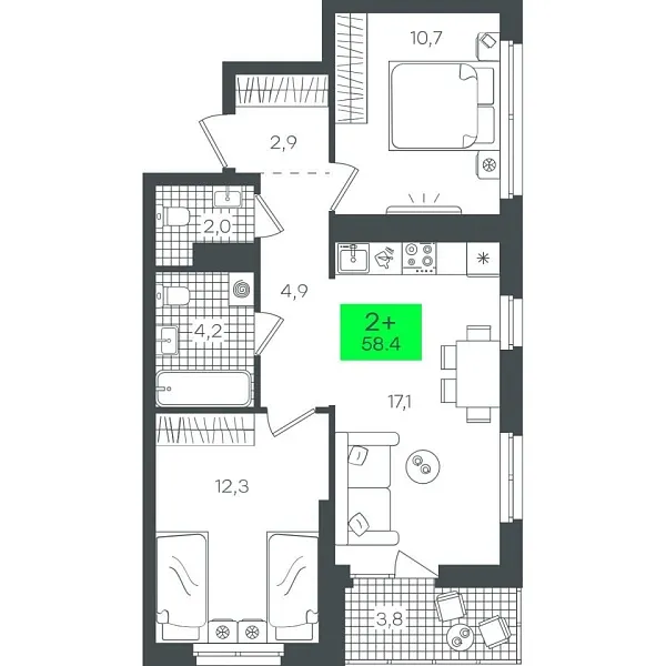 Новая 2-к квартира
 58.4 м² на 14/22 этаже в ЖК «Гранд Квартал» в городе Тюмень 