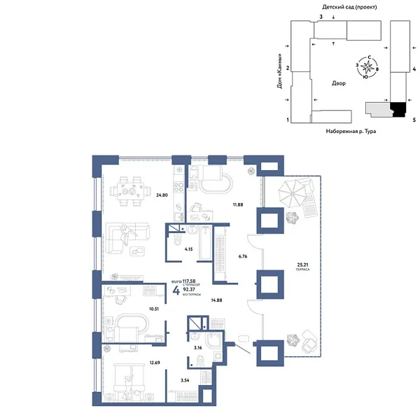 Новая 4-к квартира
 117.58 м² на 11/25 этаже в ЖК «Европейский берег 2.0» в городе Тюмень 
