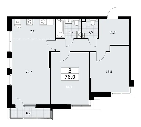 Новая 3-к квартира
 76 м² на 2/10 этаже в ЖК «Родные кварталы» в городе Тюмень 