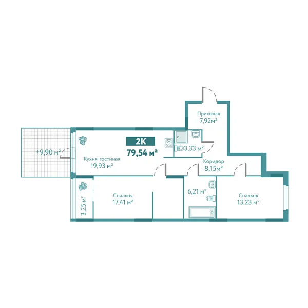 Новая 2-к квартира
 79.54 м² на 1/10 этаже в ЖК «Акватория» в городе Тюмень 
