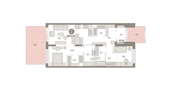 Новая 2-к квартира
 107.16 м² на 1/9 этаже в ЖК «Октябрьский на Туре» в городе Тюмень 
