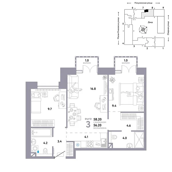Новая 3-к квартира
 58.2 м² на 7/30 этаже в ЖК «Страна.Озёрная» в городе Тюмень 