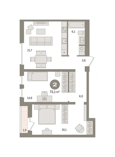 Новая 2-к квартира
 73.08 м² на 12/17 этаже в ЖК «Новин» в городе Тюмень 