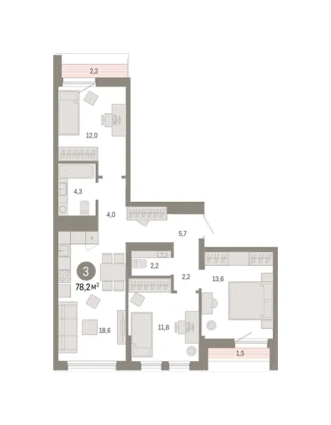 Новая 3-к квартира
 78.15 м² на 9/9 этаже в ЖК «Республики 205» в городе Тюмень 