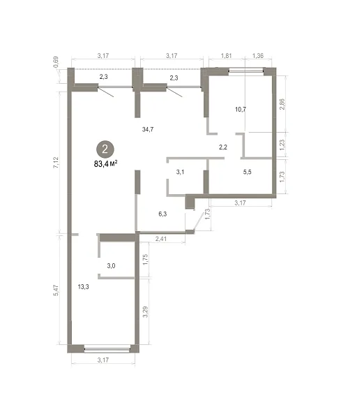 Количество комнат: 2,  83.39 кв.м.