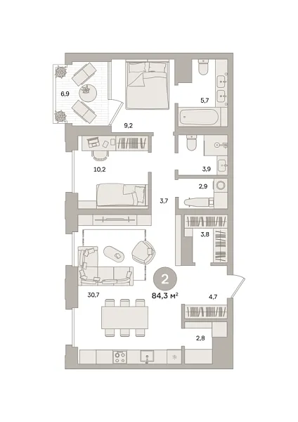 Новая 2-к квартира
 84.34 м² на 22/27 этаже в ЖК «Квартал «МОНС»» в городе Тюмень 