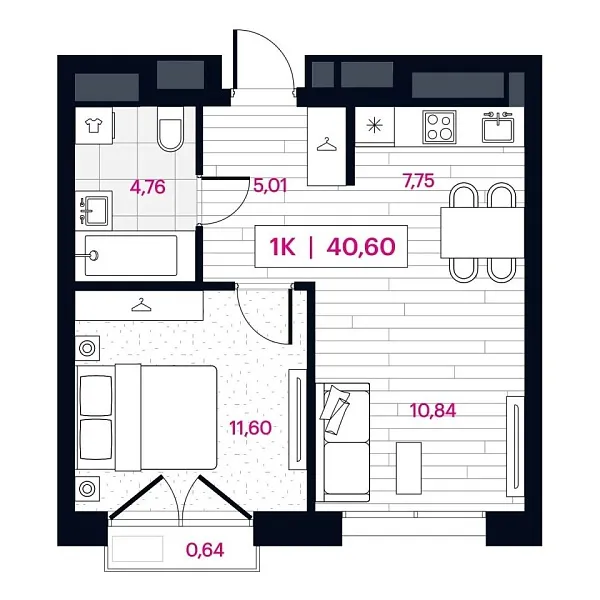 Новая 1-к квартира
 40.6 м² на 3/16 этаже в ЖК «Пушкина» в городе Тюмень 