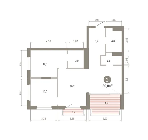 Количество комнат: 2,  80.84 кв.м.