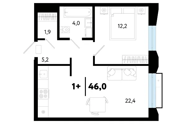 Новая 1-к квартира
 46.02 м² на 13/25 этаже в ЖК «Кедровый берег» в городе Тюмень 