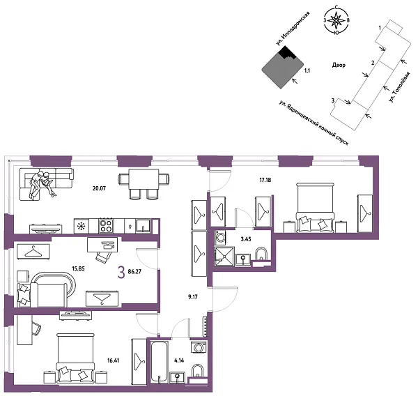 Новая 3-к квартира
 86.27 м² на 14/30 этаже в ЖК «Страна.Тополёвая» в городе Тюмень 