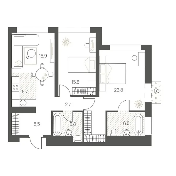 Новая 2-к квартира
 81.7 м² на 4/12 этаже в ЖК «White House» в городе Тюмень 