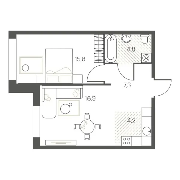 Новая 1-к квартира
 48.7 м² на 6/12 этаже в ЖК «White House» в городе Тюмень 