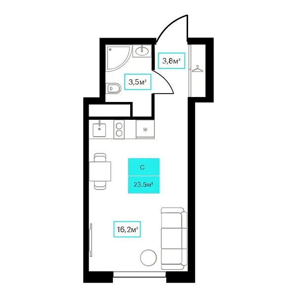 Количество комнат: Студия,  23.3 кв.м.