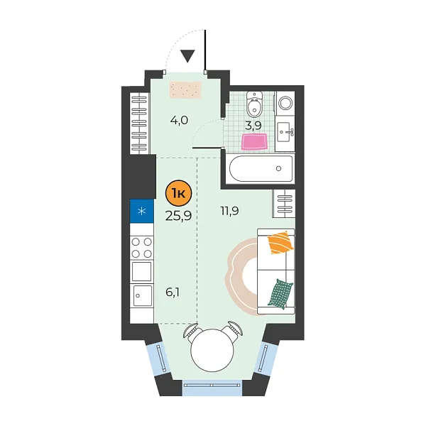 Новая квартира-студия
 25.9 м² на 19/25 этаже в ЖК «Корней» в городе Тюмень 