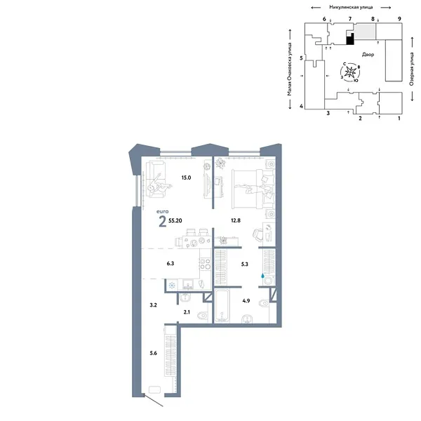 Новая 2-к квартира
 55.2 м² на 7/30 этаже в ЖК «Страна.Озёрная» в городе Тюмень 