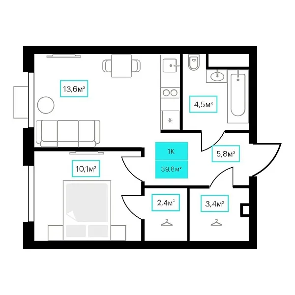 Количество комнат: 1,  39.8 кв.м.
