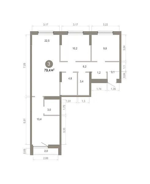 Количество комнат: 3,  79.39 кв.м.