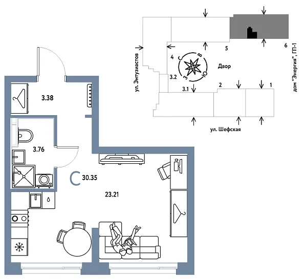 Новая квартира-студия
 30.35 м² на 5/24 этаже в ЖК «Страна.Энтузиастов» в городе Тюмень 