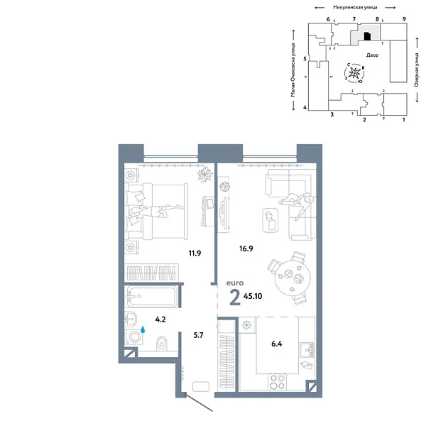 Новая 2-к квартира
 45.1 м² на 5/30 этаже в ЖК «Страна.Озёрная» в городе Тюмень 