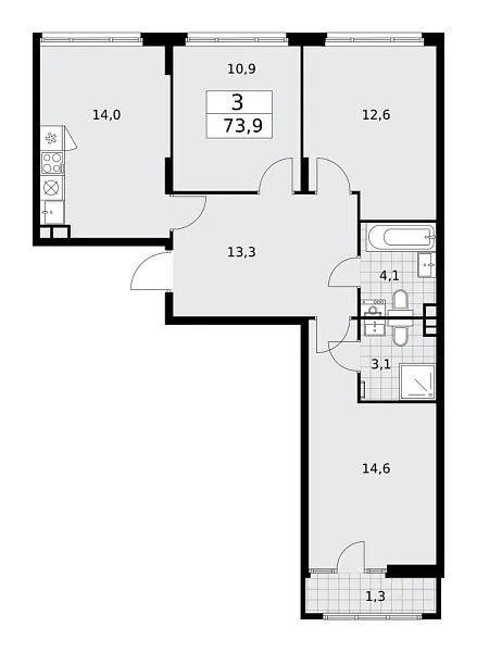 Новая 3-к квартира
 73.9 м² на 15/15 этаже в ЖК «Деснаречье» в городе Тюмень 