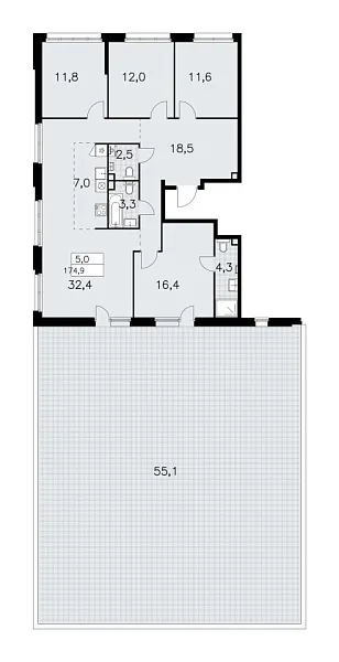 Новая 5-к квартира
 174.9 м² на 2/14 этаже в ЖК «Дзен-кварталы» в городе Тюмень 