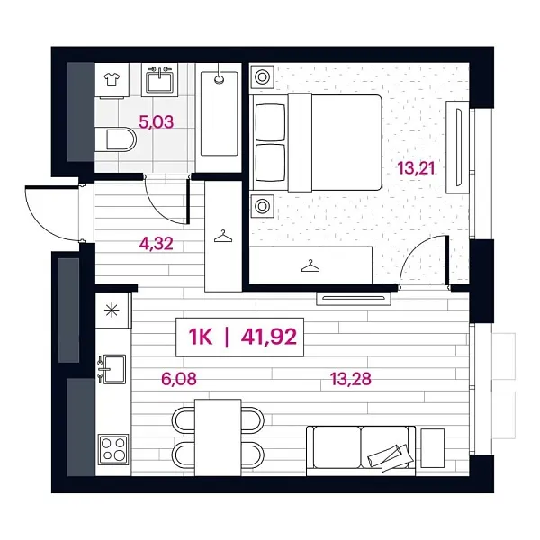 Новая 1-к квартира
 41.92 м² на 2/16 этаже в ЖК «Пушкина» в городе Тюмень 