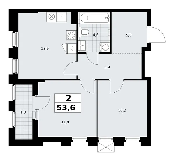 Новая 2-к квартира
 53.6 м² на 10/22 этаже в ЖК «Деснаречье» в городе Тюмень 