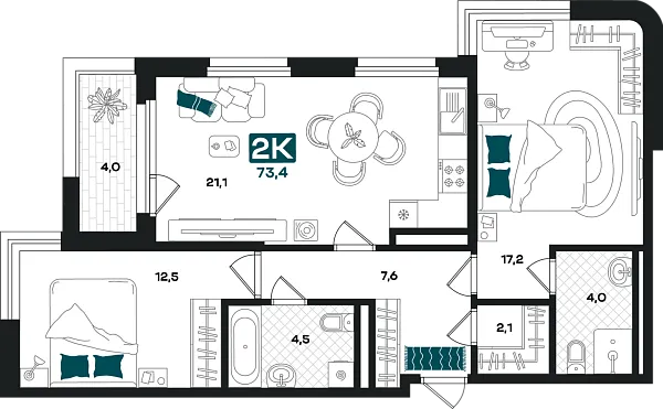 Новая 2-к квартира
 73.4 м² на 3/23 этаже в ЖК «Добро» в городе Тюмень 
