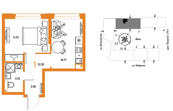 Новая 1-к квартира
 32.18 м² на 5/24 этаже в ЖК «Страна.Энтузиастов» в городе Тюмень 