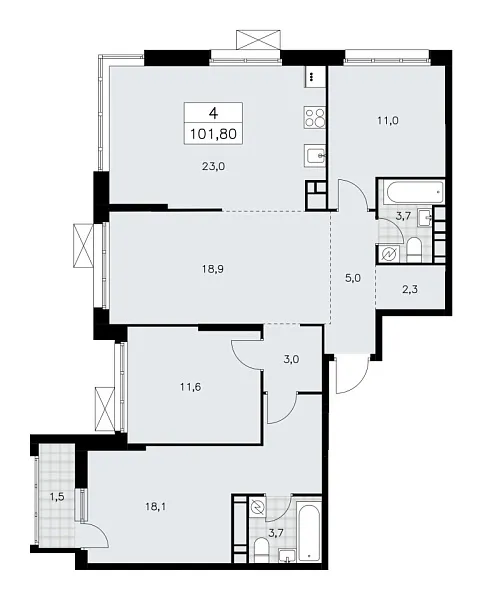 Новая 4-к квартира
 101.8 м² на 17/17 этаже в ЖК «Скандинавия» в городе Тюмень 