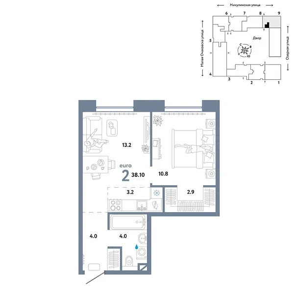 Новая 2-к квартира
 38.1 м² на 3/30 этаже в ЖК «Страна.Озёрная» в городе Тюмень 