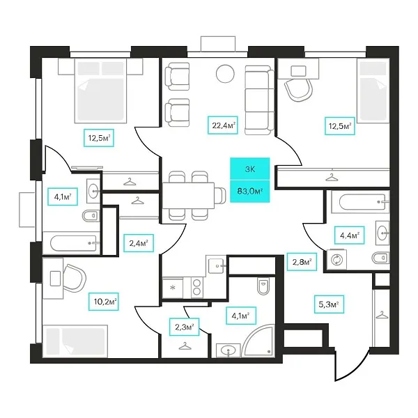 Количество комнат: 3,  83 кв.м.