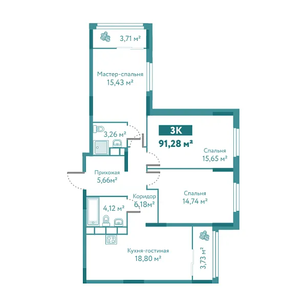 Новая 3-к квартира
 91.28 м² на 5/10 этаже в ЖК «Акватория» в городе Тюмень 