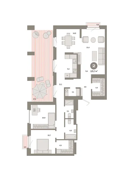 Новая 2-к квартира
 125.7 м² на 24/31 этаже в ЖК «Квартал «Метроном»» в городе Тюмень 