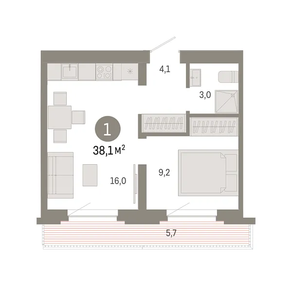 Новая 1-к квартира
 38.05 м² на 7/9 этаже в ЖК «Речной порт» в городе Тюмень 