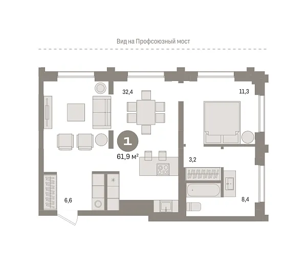 Количество комнат: 2,  61.9 кв.м.